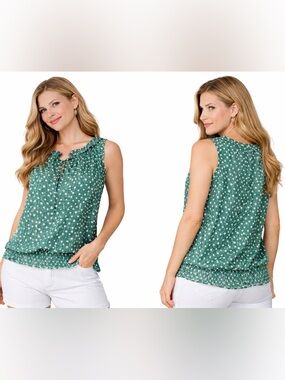 a.n.a Petite Green Polka Dot Ruffle Blouse Size P